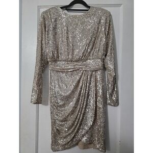 ELIZA J Womens Nude/silver Sequin Draped Skirt Lined Long Sleeve Dress Size 4